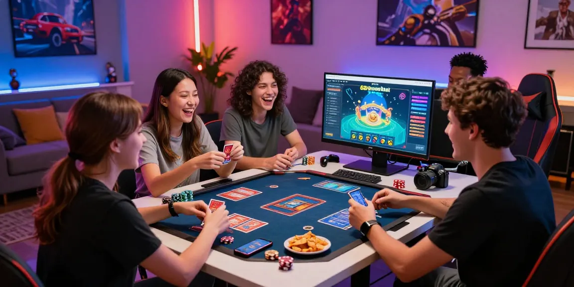Group playing online card games on 68gamebai platform, vibrant gaming scene with accessories and snacks.