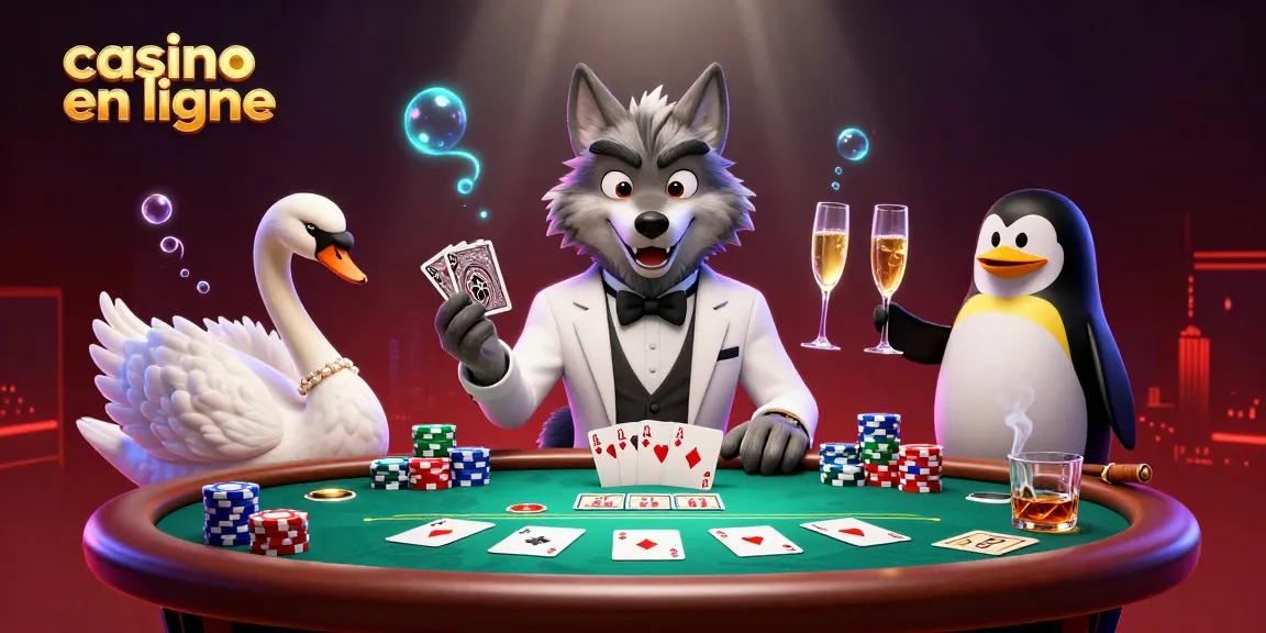 Participez à l'excitation du casino en ligne avec une scène illustrée en 3D d'un loup élégant, d'un cygne raffiné et d'un pingouin sophistiqué.