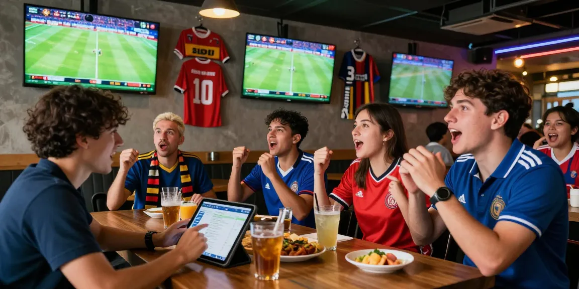 Soi kèo bóng đá analysis at a vibrant sports bar with fans engaged in betting discussions.