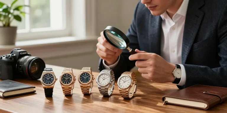 Person examining super clone watches on a stylish table, showcasing luxury styles and craftsmanship.