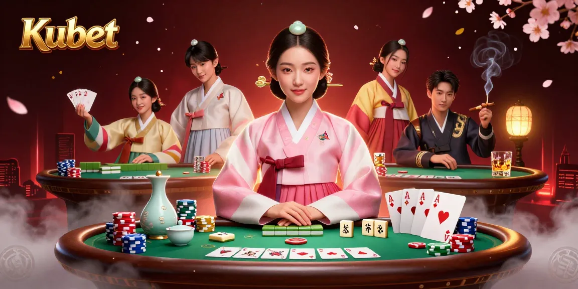 Engage with Kubet's lively casino scene featuring poker elements and a serene Asian woman.