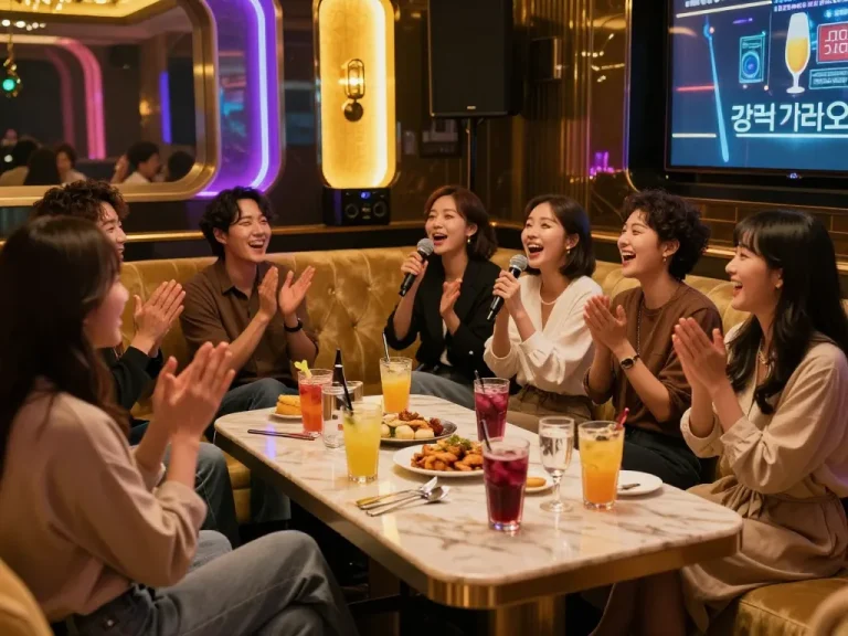 Experience vibrant nightlife at 강남가라오케 with friends in a luxurious karaoke lounge.