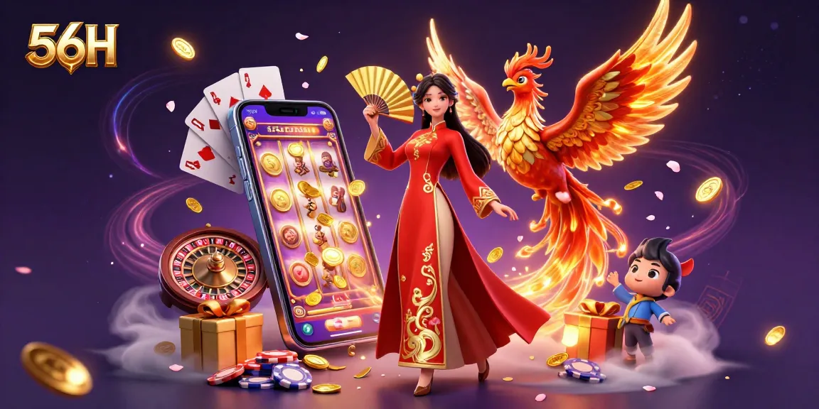 Experience excitement with 56H in a vibrant 3D casino scene featuring lively games and characters.
