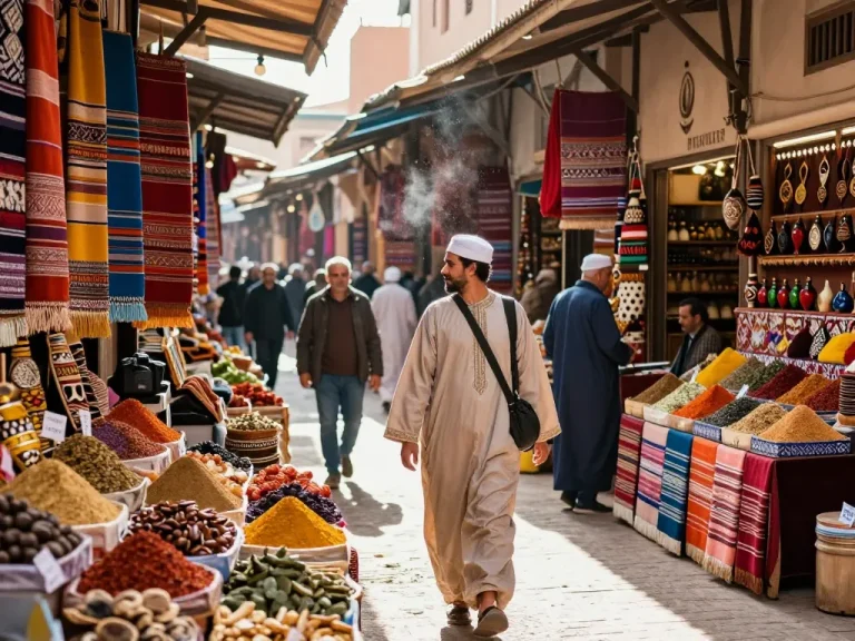 Exciting market scene depicting a traveler interacting with local artisans, showcasing the rich culture of a morocco tour company.