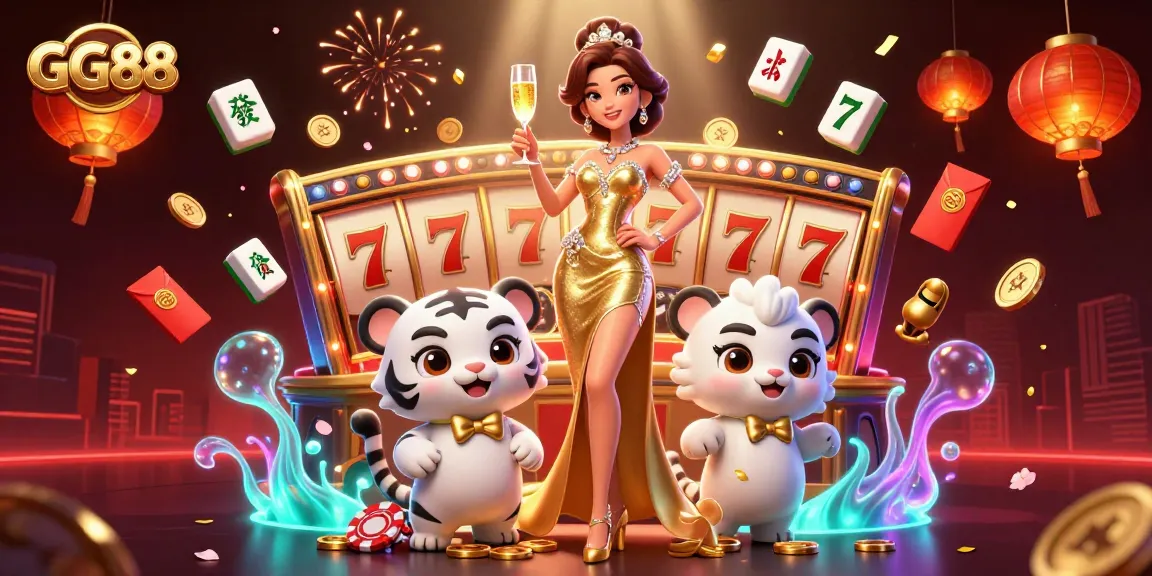 Engage in exciting casino action at GG88 with a glamorous atmosphere featuring a woman and lucky tiger.