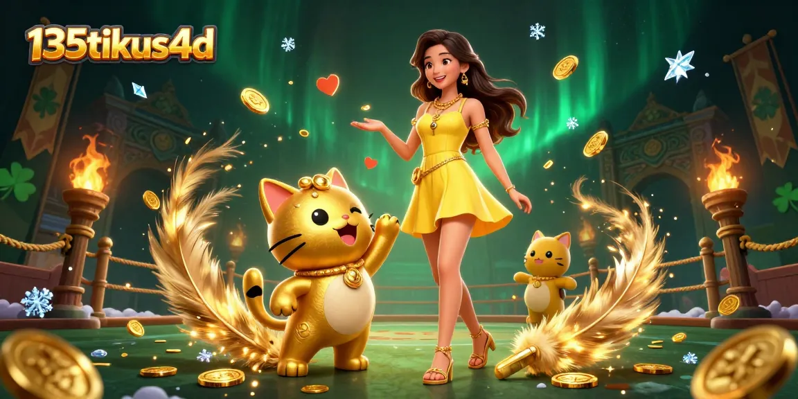 Win big at 135tikus4d as a cheerful Asian woman interacts with a lucky golden cat amidst floating coins.