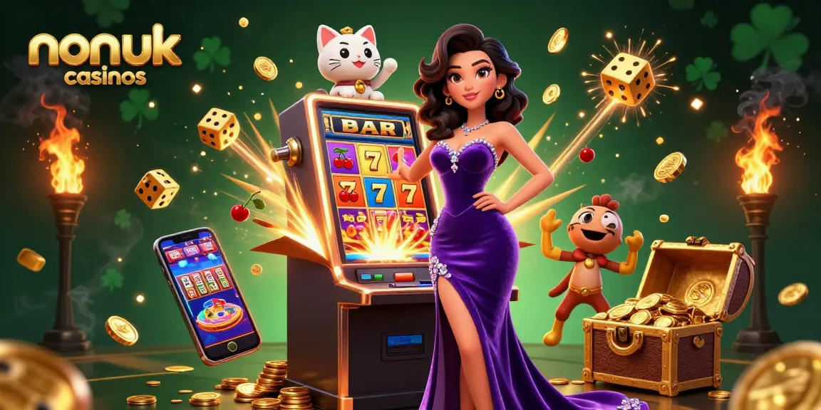 Win big at non uk casinos with a glamorous woman and fortune cat amidst a jackpot explosion.