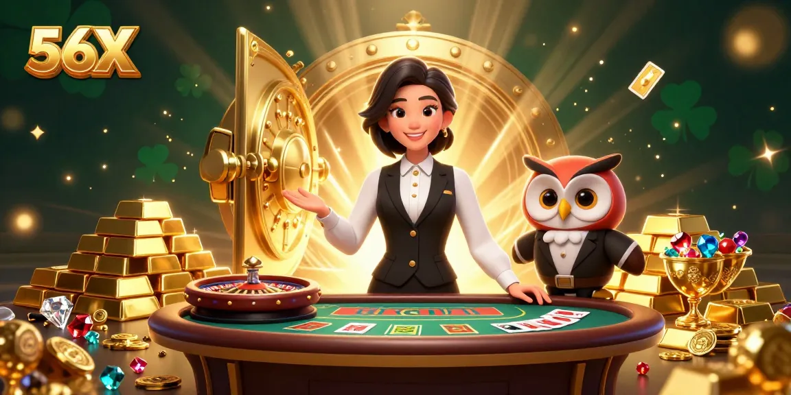 Experience gaming excitement at 56X with expert dealers and dazzling casino treasures in a vibrant atmosphere.