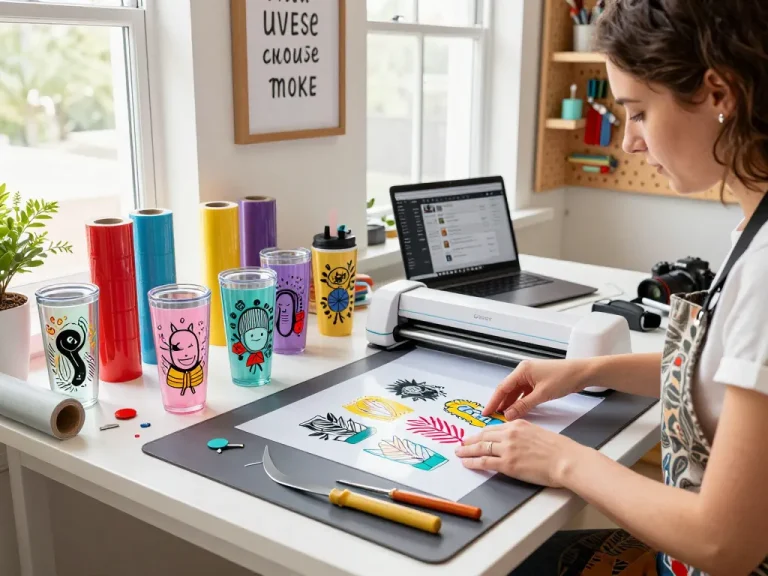 Artisan creating colorful SVG bundle designs for tumblers in a vibrant craft workshop.