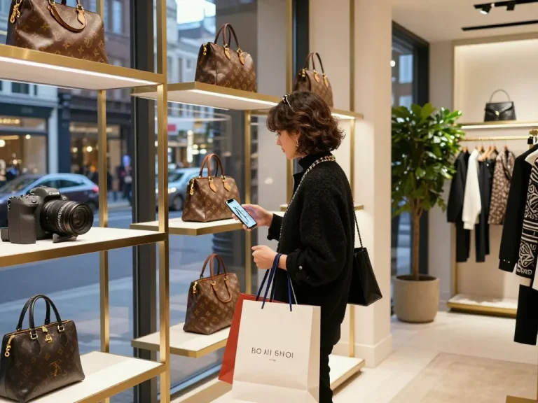 Stylish shopper exploring high-quality 레플리카 fashion items in an elegant boutique.