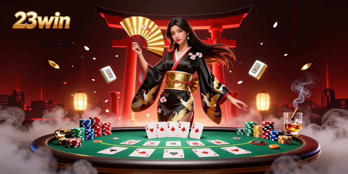 Experience the vibrant excitement of gambling at 23win with a spectacular casino scene featuring a graceful Asian woman in traditional attire.