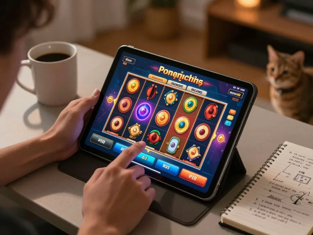 Experience the excitement of Demo Slot Pragmatic gameplay on a tablet, engaging in vibrant spinning reels at home.