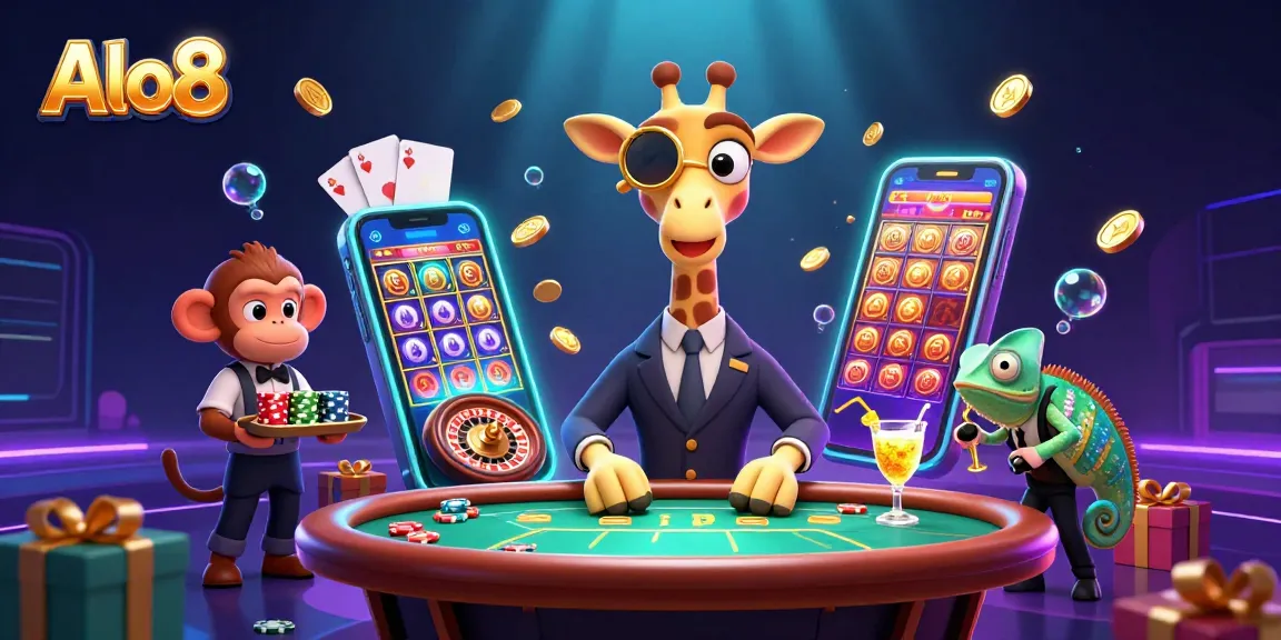 Alo8's vibrant online gaming scene with a high-roller giraffe, a monkey valet, and a cocktail-mixing chameleon.