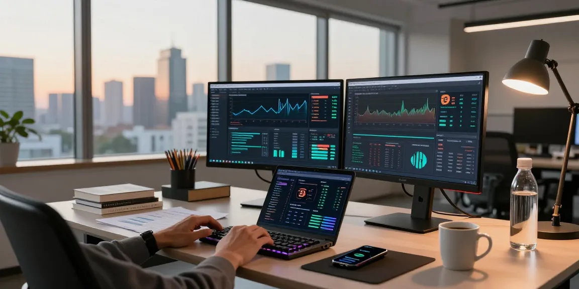 Bitcoin cloud mining workspace featuring monitors, digital wallet, and DeFi metrics in a modern office environment.