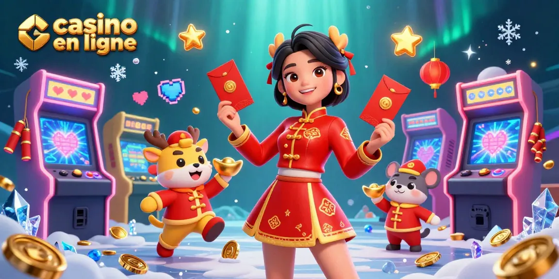 Découvrez le plaisir vibrant des casinos en ligne avec une femme asiatique divertissante au milieu d'éléments de jeu colorés.
