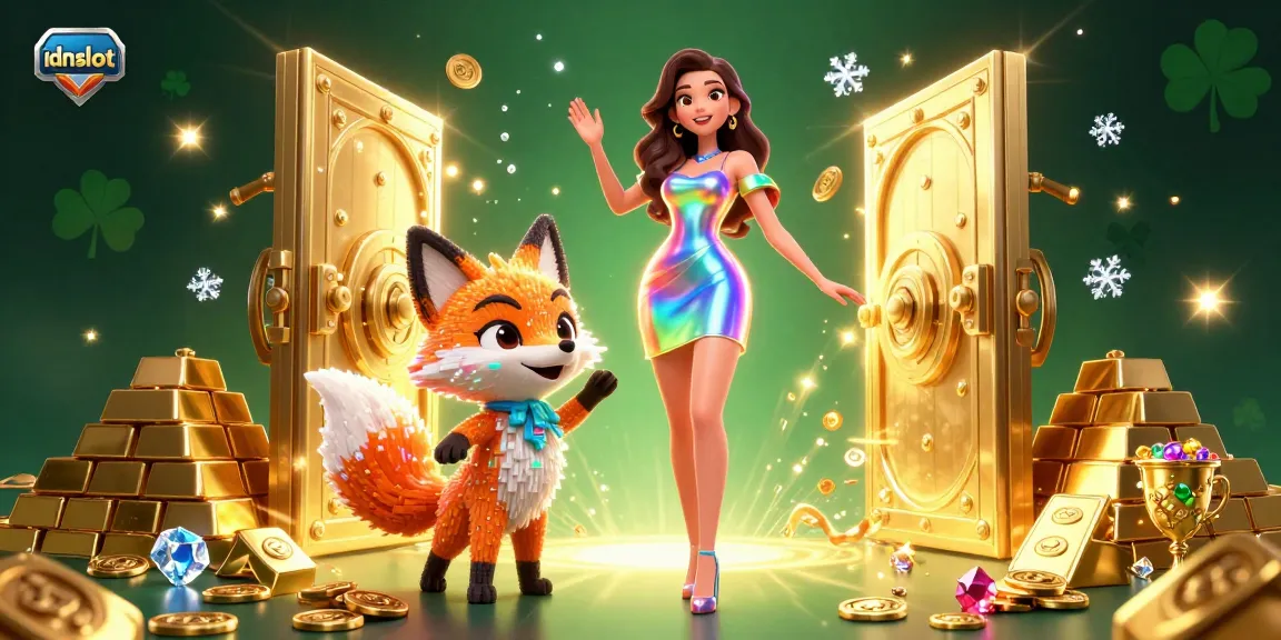 Experience the excitement of idnslot gaming with vibrant 3D characters amidst a dazzling treasure landscape.