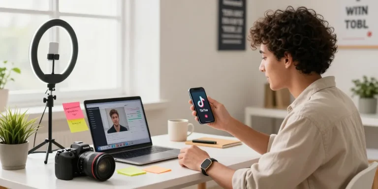 Young creator engaging with audience in a bright home office, demonstrating how to make money on TikTok with 1,000 followers through dynamic content creation.