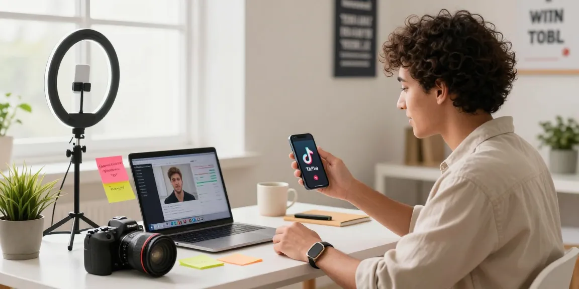 Young creator engaging with audience in a bright home office, demonstrating how to make money on TikTok with 1,000 followers through dynamic content creation.
