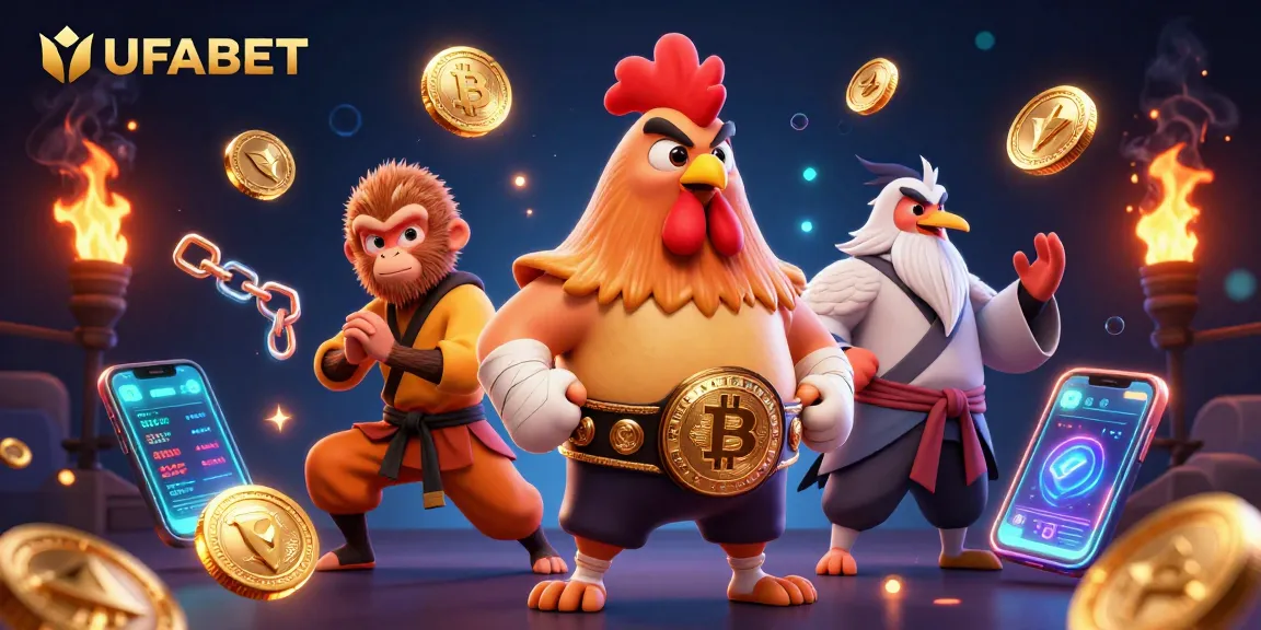 Bet on UFABET with thrilling 3D characters showcasing vibrant casino action and crypto elements.