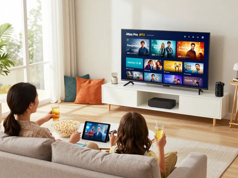Famille profitant d'Atlas Pro IPTV sur une Smart TV dans un salon confortable.