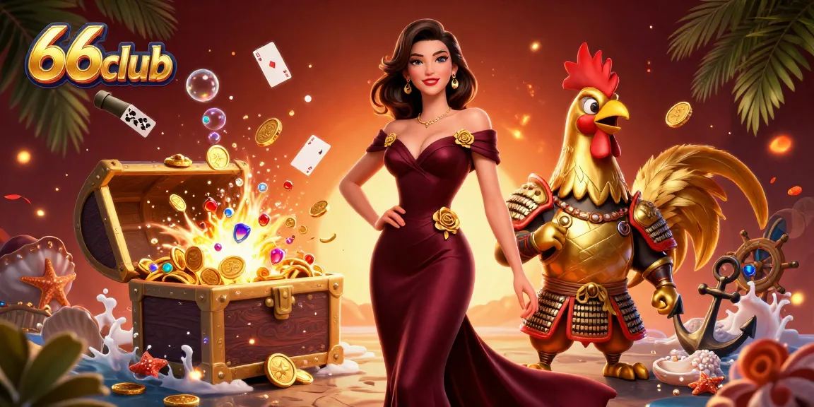Experience the excitement of 66club's vibrant casino scene with golden treasures and dynamic characters.