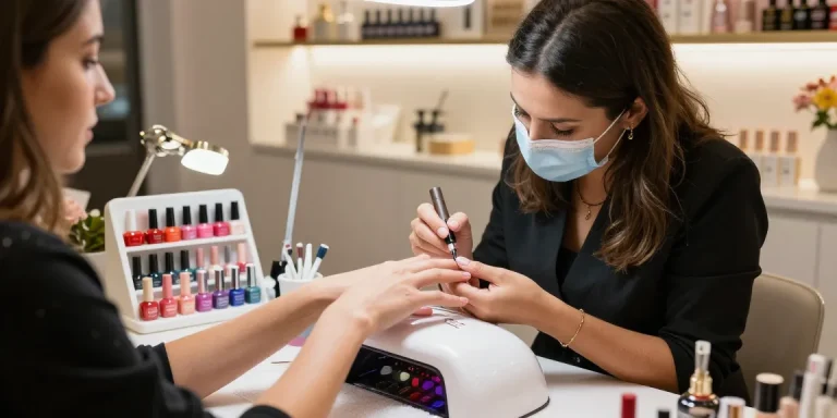 Aplicarea ojei semipermanente într-un salon de înfrumusețare elegant, cu culori vibrante și accesorii pentru unghii.