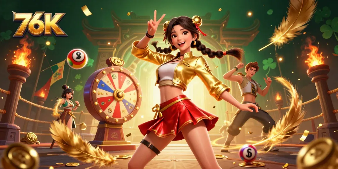Engage with thrilling games at 76K Casino, depicted by a joyful Asian woman surrounded by colorful elements and prizes.