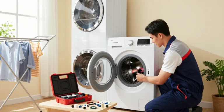 Expert washer repair technician diagnosing issues, showcasing professional washer repair services, with tools and parts visible.