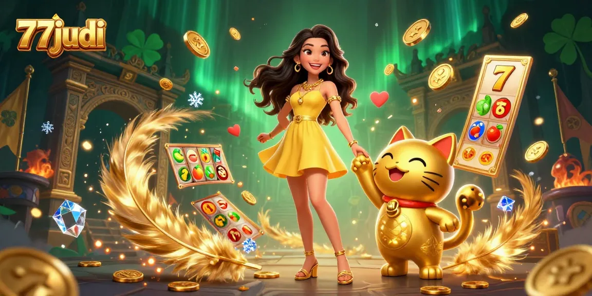 Experience winning moments at 77judi with a cheerful Asian lady and a lucky cat mascot.