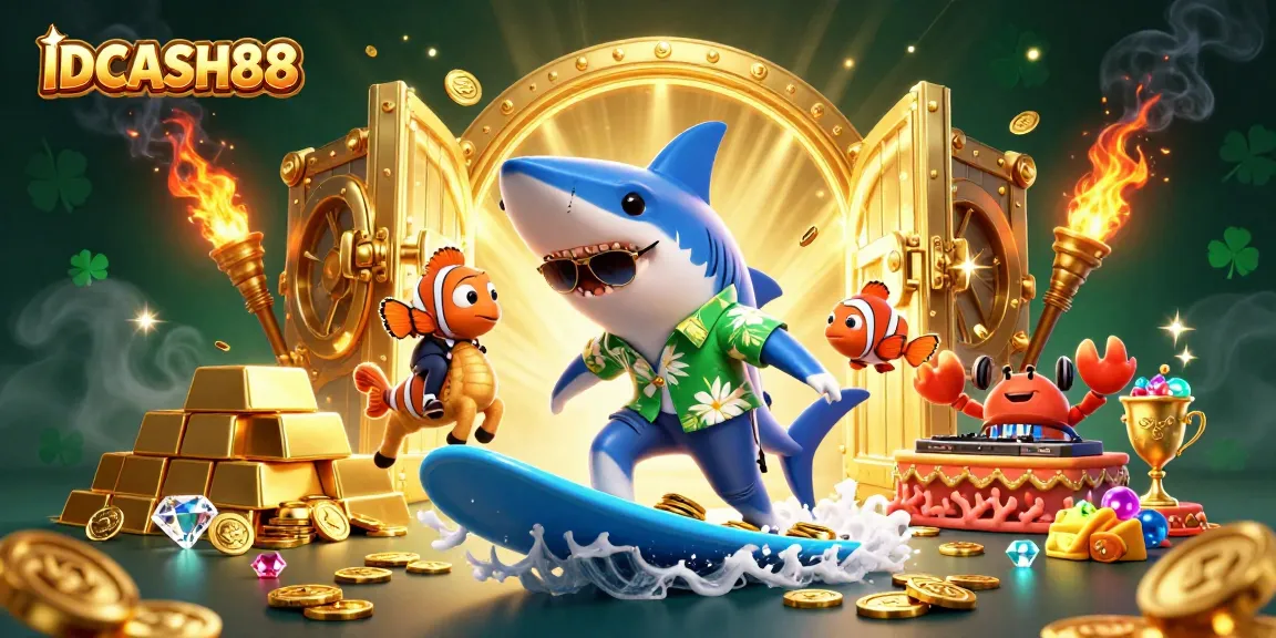 Experience thrill with IDCASH88 as a hammer-head shark surfs gold coins in a vibrant casino scene.
