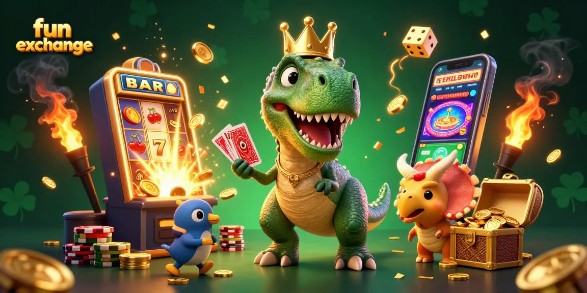 Engage with the fun exchange platform in this dynamic 3D casino illustration featuring lively characters and vibrant game elements.
