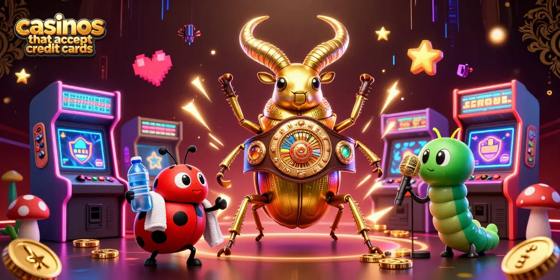 Engage with casinos that accept credit cards featuring a vibrant 3D scene of a boxing beetle and gaming elements.