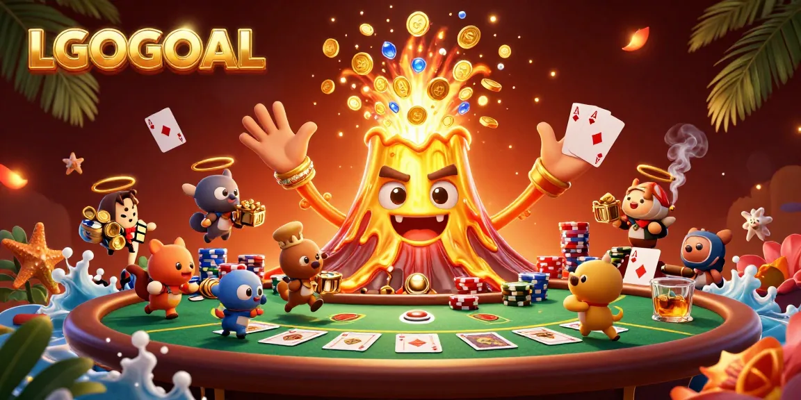 Engage with LGOGOAL's thrilling treasure hunt under a triumphant volcano eruption.