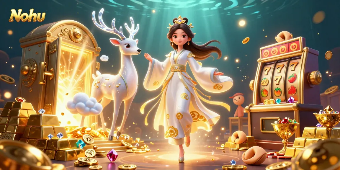 Nohu showcases thrilling jackpot action with vibrant 3D illustration of a casino scene, featuring slots and treasures.