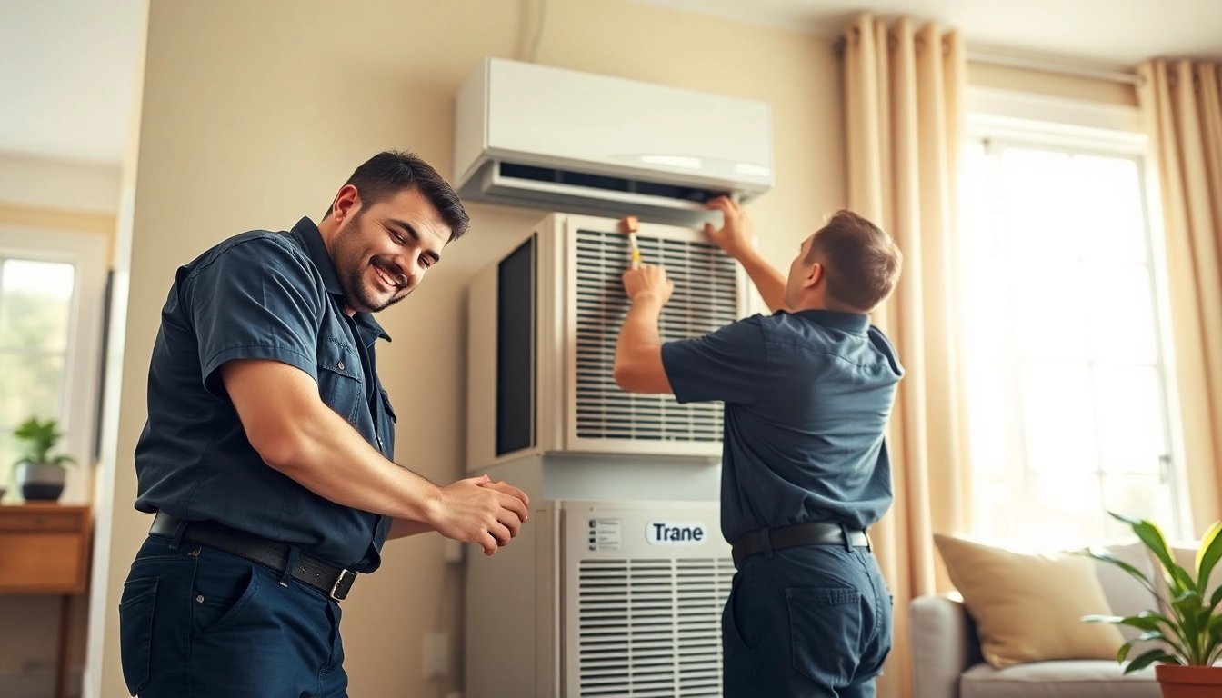 HVAC technicians installing a Trane Alberta heating unit in a modern home.