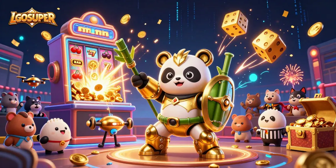 Experience the excitement of LGOSUPER as the golden panda battles in a rich 3D casino arena.