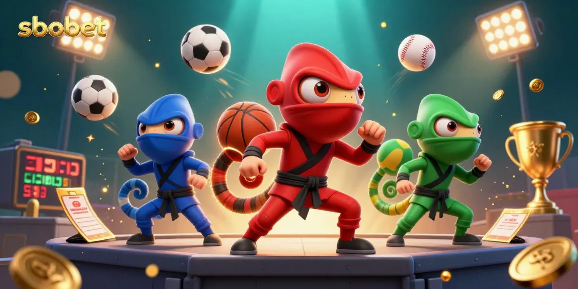 SBOBET sports betting illustration with ninja chameleons mastering dynamic sports and betting excitement.