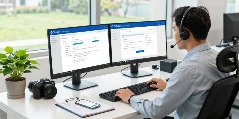 Customer service representative providing Telus-Technical-Support assistance in a modern office environment.