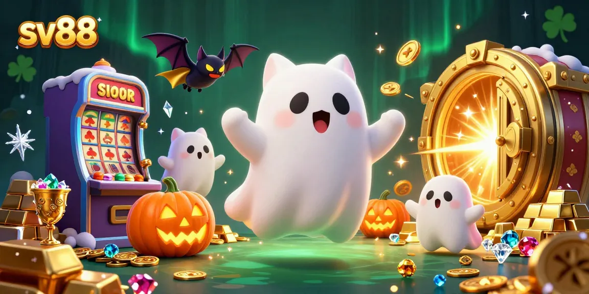 Experience thrilling slots action at sv88 with a ghost cat and vampire bat illustration in a haunted casino.