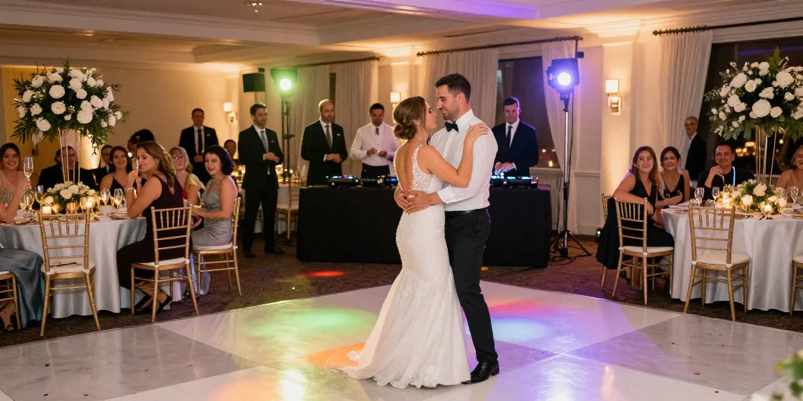 hochzeit dj berlin, das Brautpaar tanzt mit DJ in festlich dekorierter Hochzeitslocation