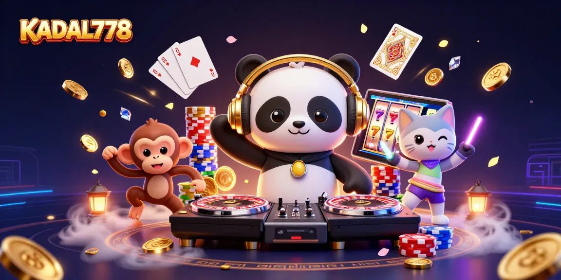KADAL778 engages players with a vibrant casino scene featuring a DJ panda, dancing monkey, and glowing kitten amidst dazzling gambling elements.