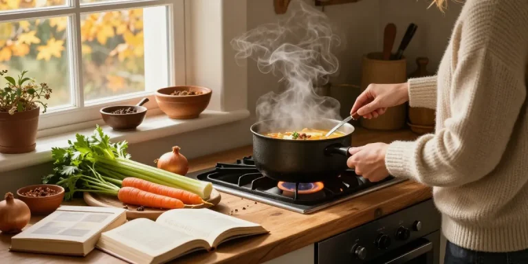 Warmes, gemütliches Küchenumfeld, in dem Klare Suppe mit frischem Gemüse und Kräutern zubereitet wird.
