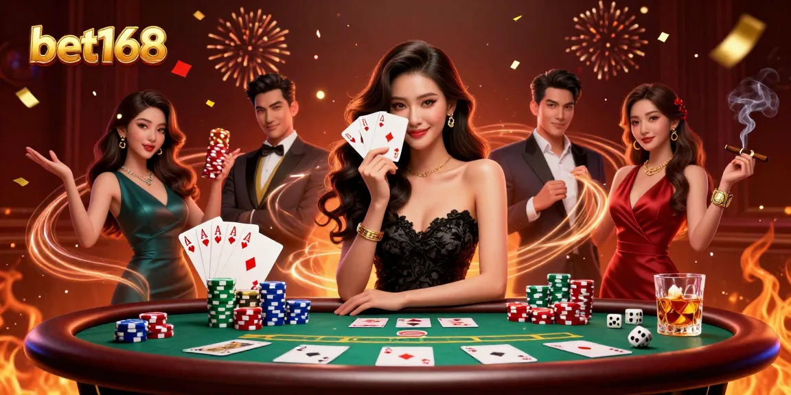 Experience the thrill of bet168 with an elegant Asian woman holding poker cards in a vibrant casino.