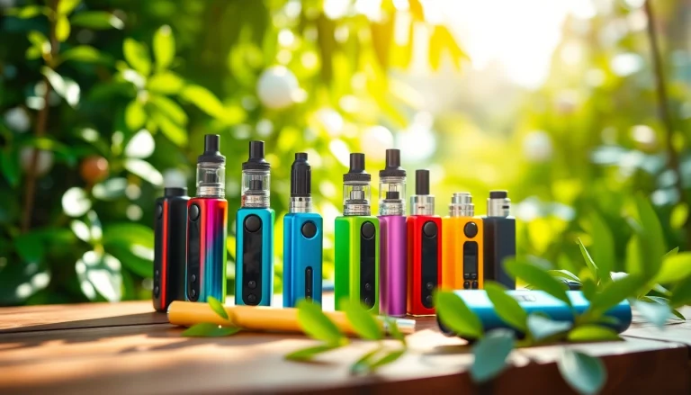 Captivating air bar vape setup showcasing a variety of colorful devices amidst a natural setting.