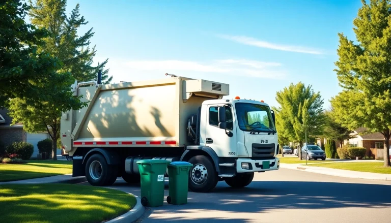 View of a waste collection truck and curbside bins focused on the cold lake garbage schedule in a suburban neighborhood.