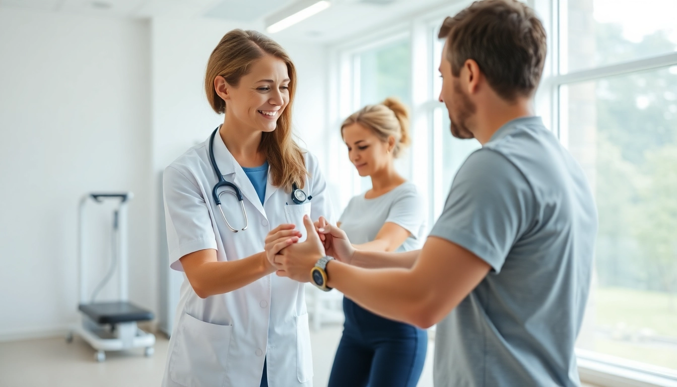 Empowering movenetics physiotherapy scene showcasing a therapist guiding a patient through exercises.