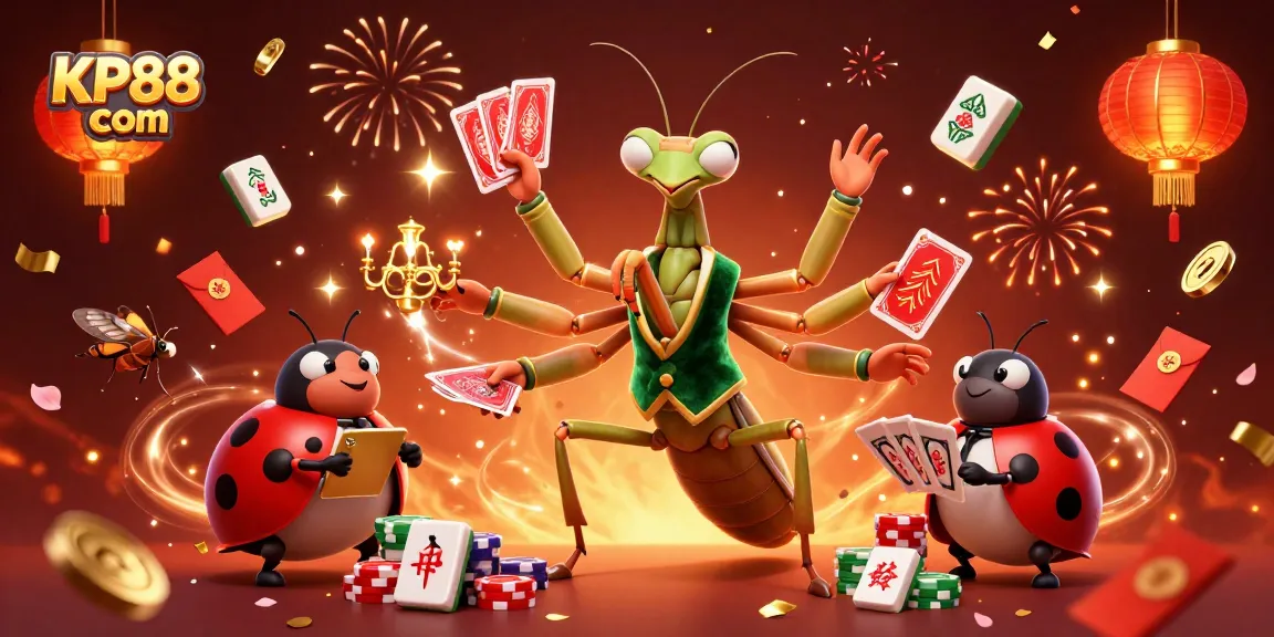 Engage with KP88 com at this dynamic casino scene filled with winning chips and festive elements.