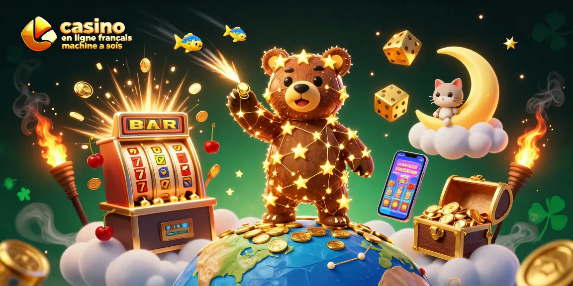 Jouez aux machines à sous dans un casino en ligne français, avec une illustration captivante de jackpots et de chance.