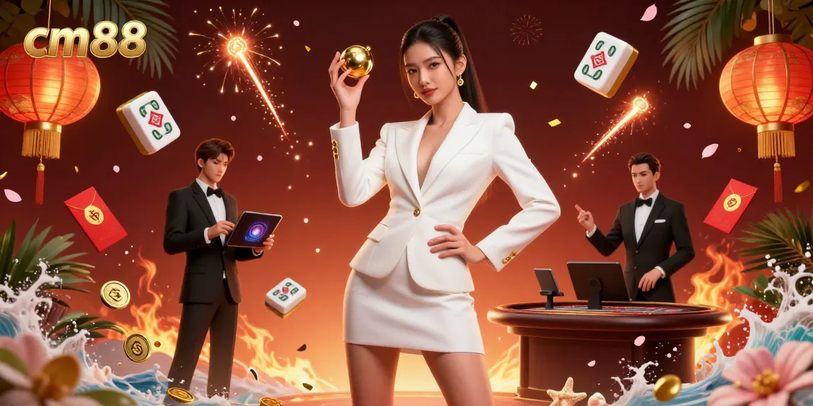 Experience thrilling gameplay at cm88 with a confident Asian woman holding a golden roulette ball amidst vibrant casino elements.