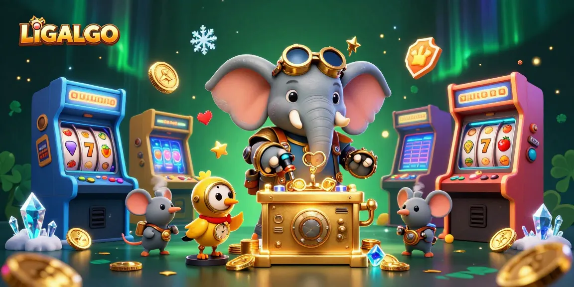 LIGALGO slot gaming illustration showcasing a steampunk elephant operating a golden slot machine amidst vibrant game elements.